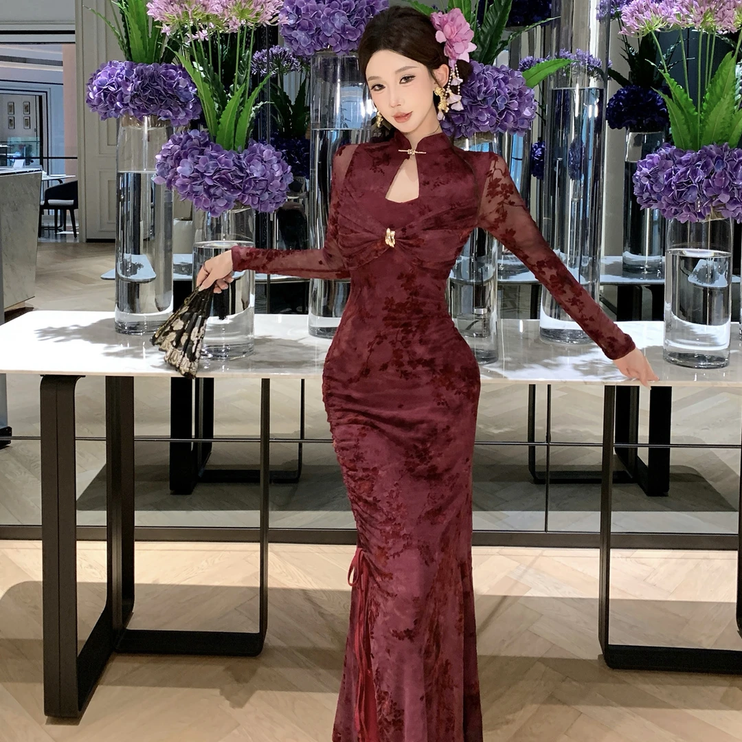 新中式立领改良旗袍御姐风长袖收腰显瘦长款抽绳镂空鱼尾包臀裙女