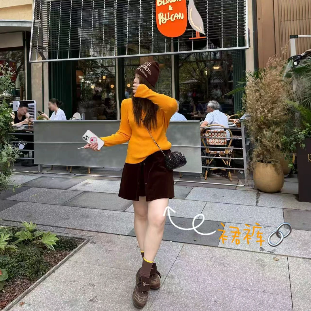 晶咕软软【摩登画报】韩系百搭假两件灯芯绒单排扣A字短裙裤