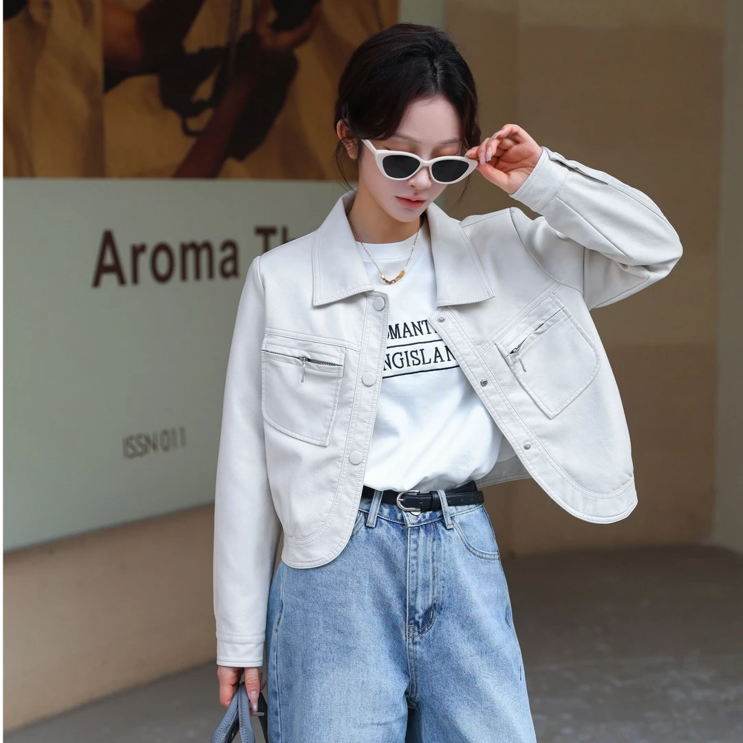 黑色短款皮衣外套女2025春季小个子洋气显瘦休闲翻领PU皮夹克3320