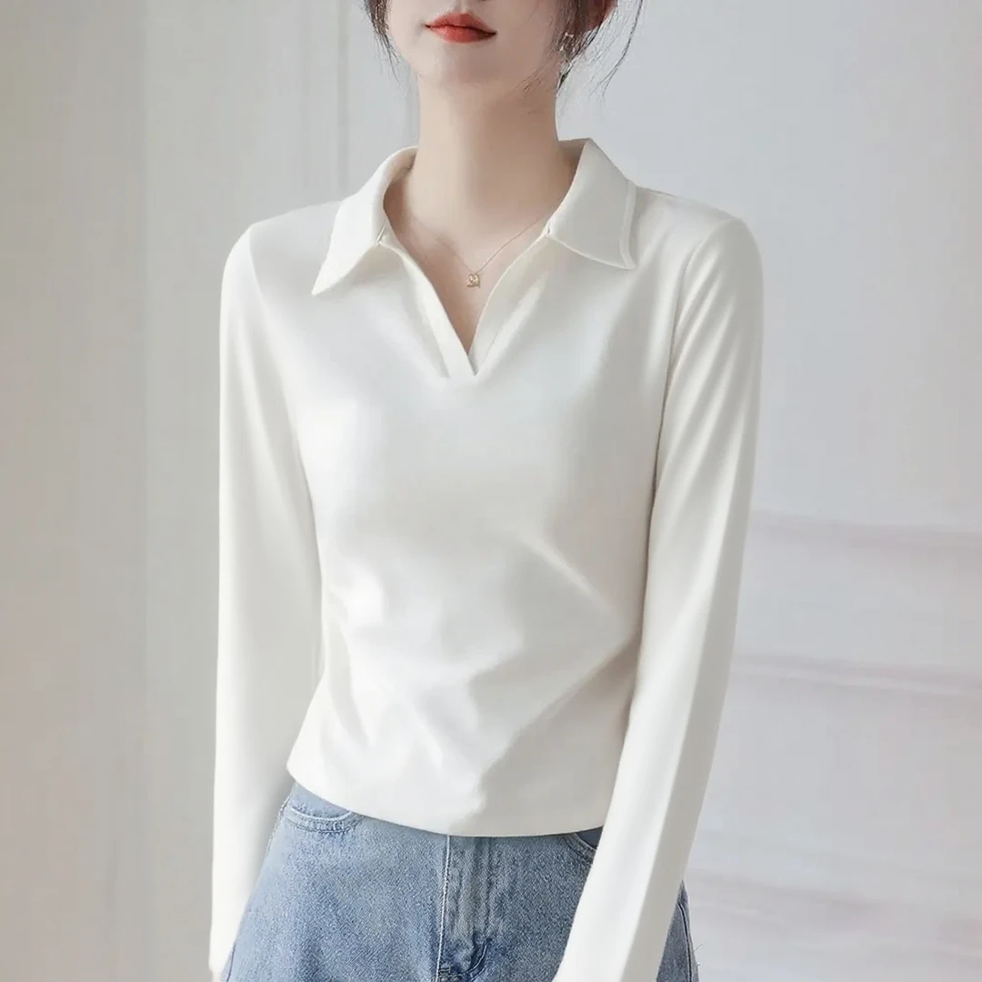 POLO领白色长袖T恤女夏2025新款爆款修身正肩百搭打底衫通勤上衣