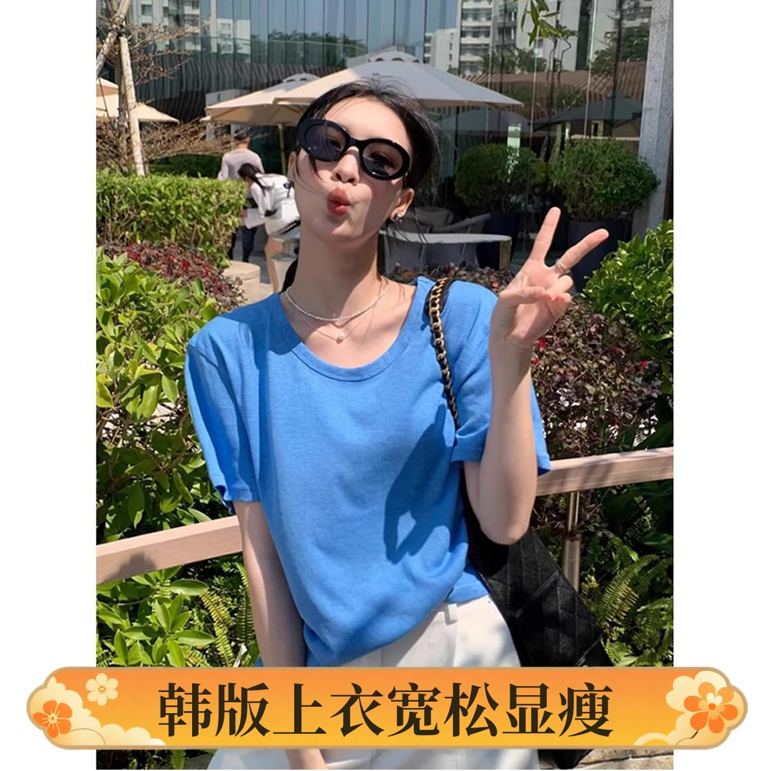 韩版蓝色u领苎麻短袖t恤女夏季休闲慵懒宽松显瘦正肩半袖体恤上衣