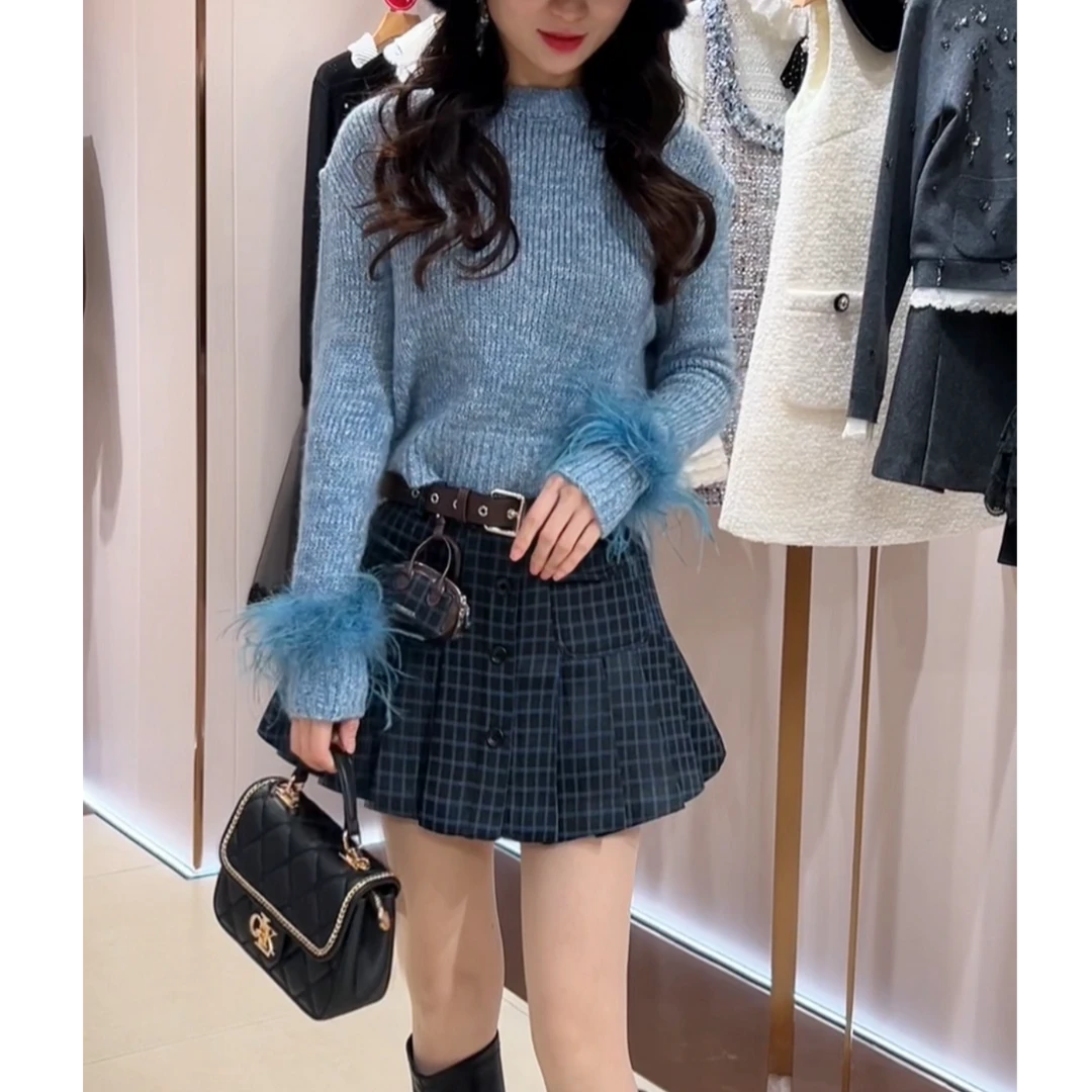 气质名媛风针织衫2025冬季新款轻奢高级感羽毛长袖毛衣套头衫上衣