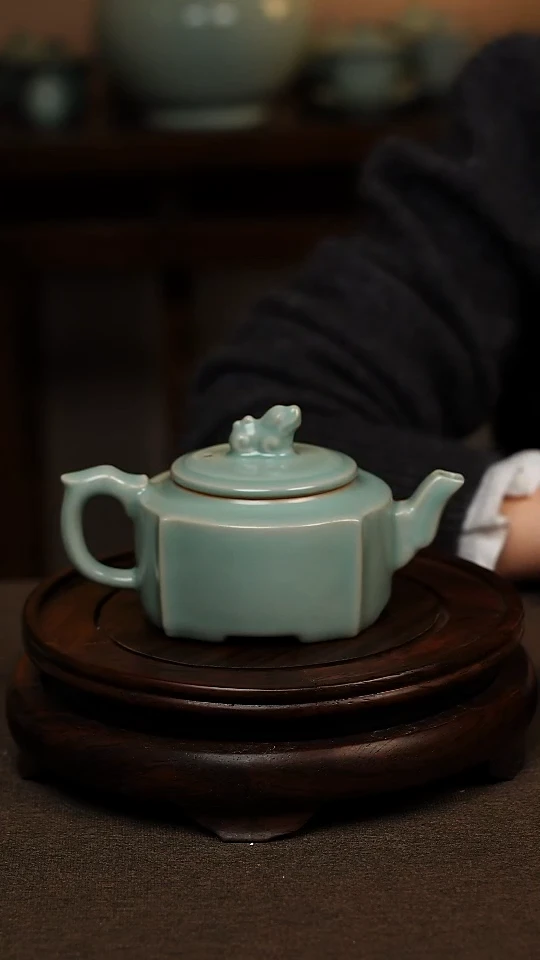 瓷片仿古天青全手工四方壶200ml 微瑕 不带礼盒