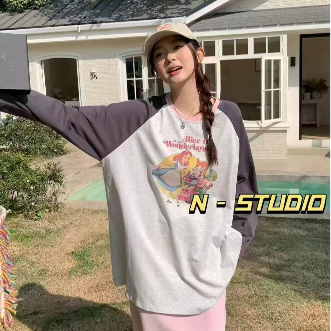 【纯熙+】W2233早春新款公主和小矮人插肩拼袖T恤上衣女韩版宽松