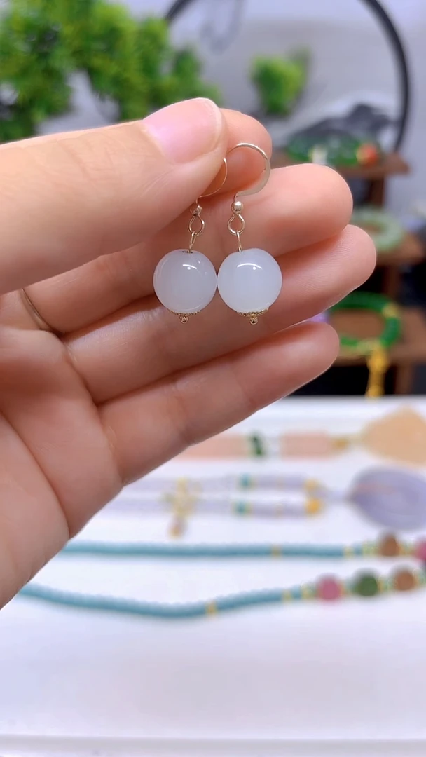 和田玉（白玉）14K金镶嵌耳饰E04