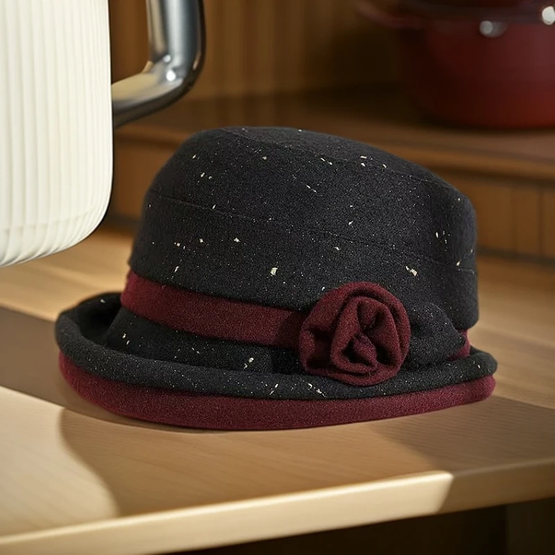 秋冬季羊毛帽子女士毛呢盆帽复古妈妈帽子时尚百搭渔夫帽