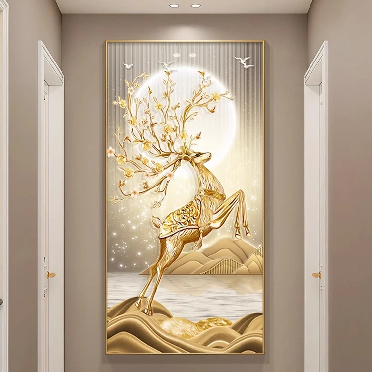 福鹿进门玄关装饰画现代轻奢入户走廊过道挂画寓意好高档竖版壁画