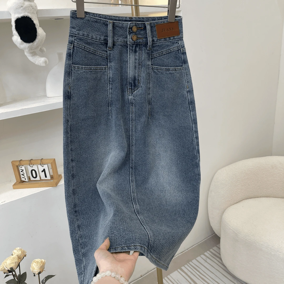 【现货 运费险】复古蓝星空纹牛仔半身裙女2025高腰显瘦后开叉a字裙