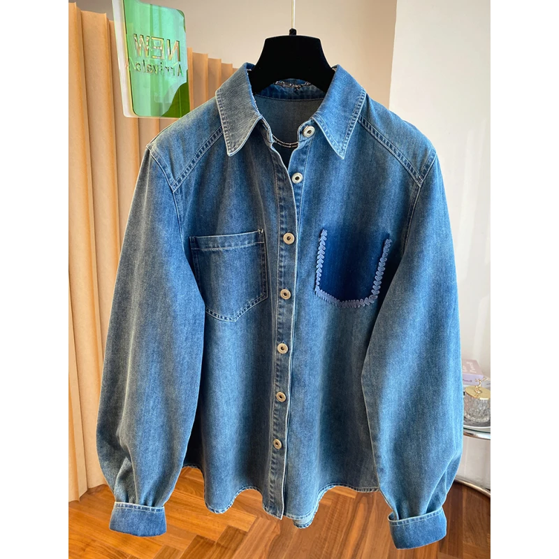 韩系复古蓝色牛仔衬衫女长袖2025新款宽松减龄百搭漂亮衬衣外套春