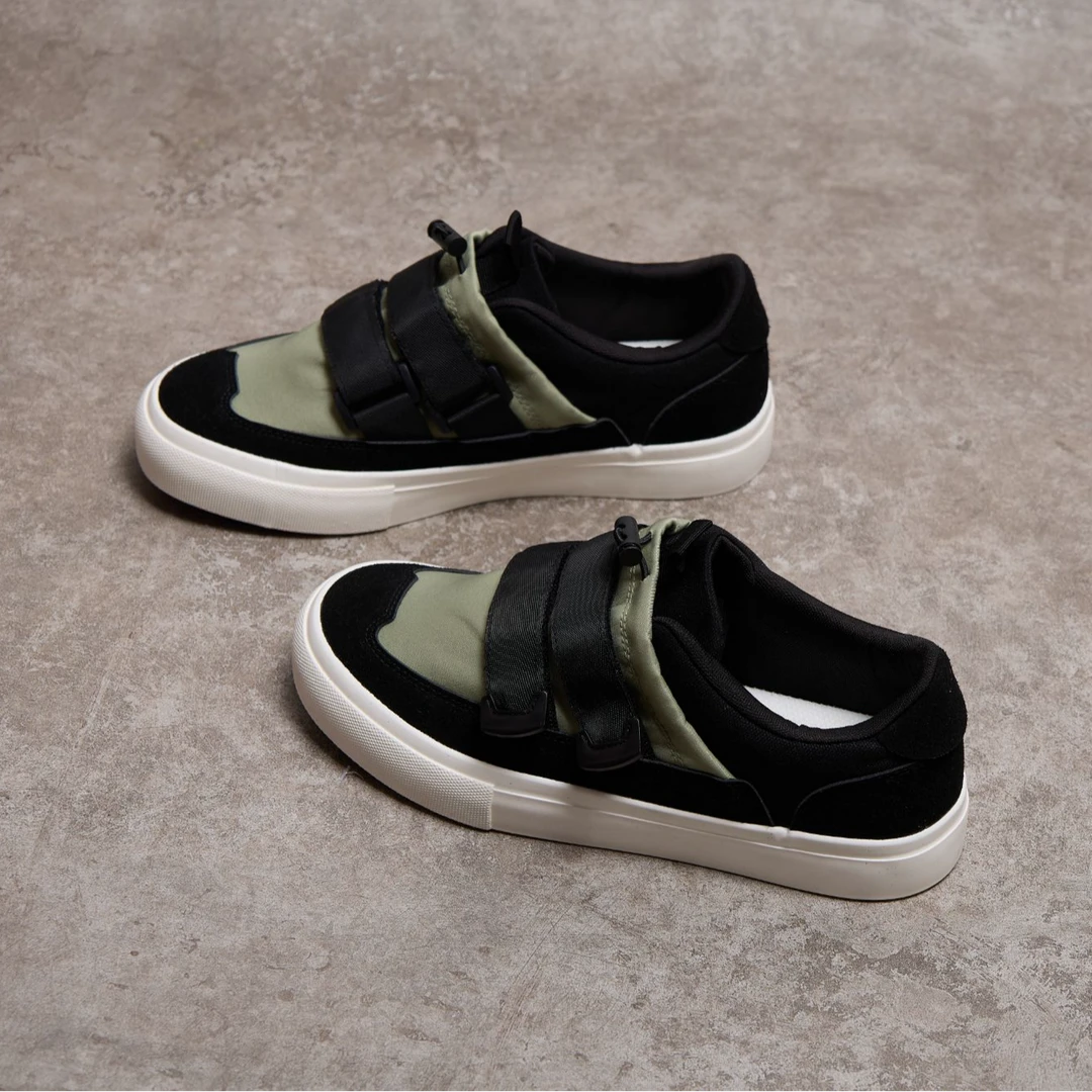 小众设计拼色魔术贴帆布鞋男厚底板鞋低帮鞋一脚蹬潮流休闲懒人鞋