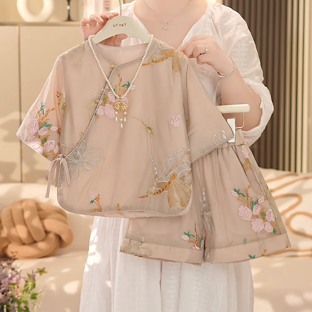 女童2025夏季新款新中式刺绣上衣➕短裤国风套装YY222