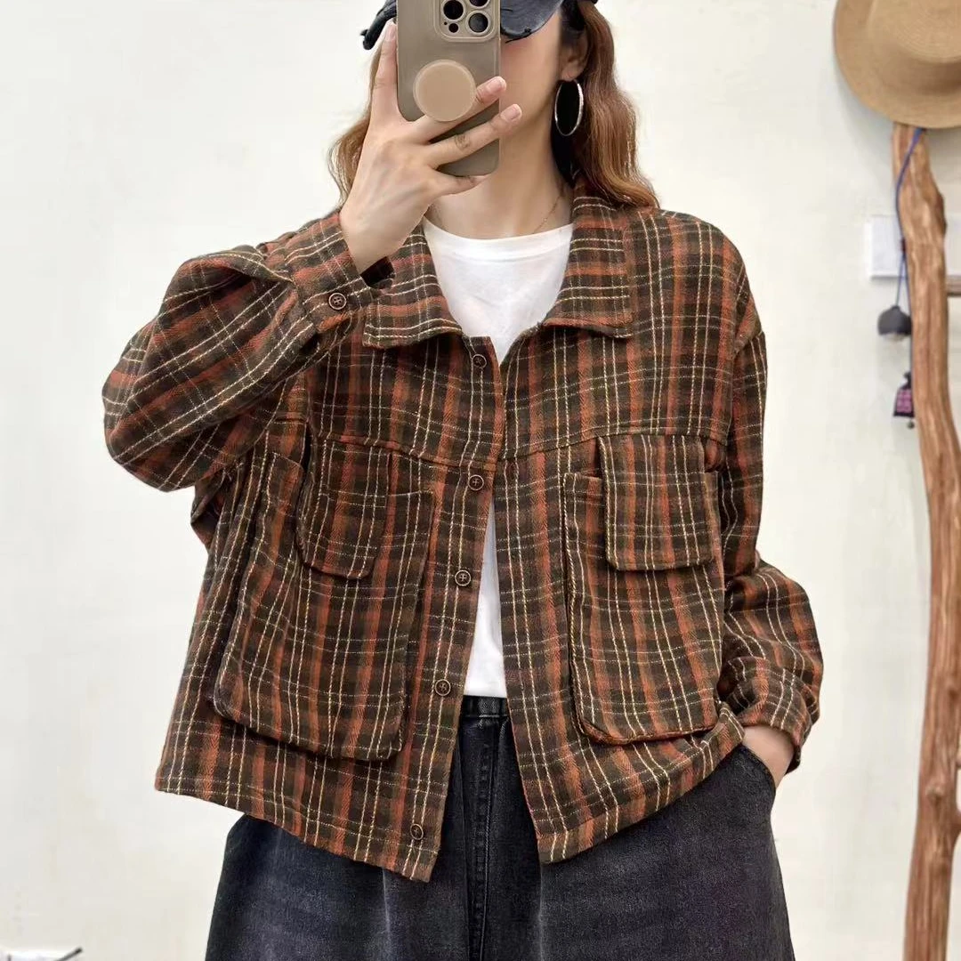 543新款春秋女士休闲格子外套大码宽松显瘦时尚气质百搭上衣
