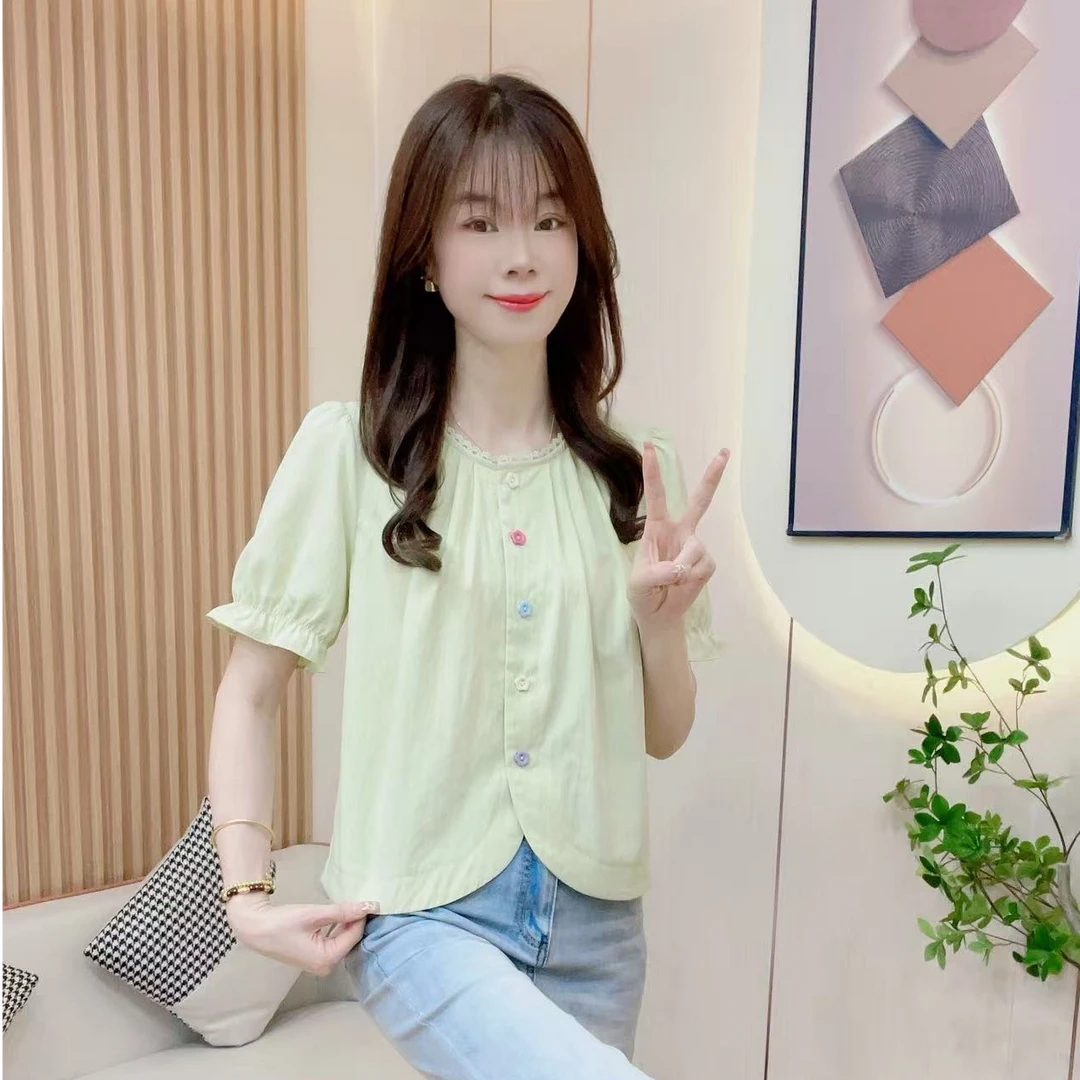 炬雅【清风秀雅】新款彩色花朵扣设计感褶皱时尚洋气减龄衬衫上衣