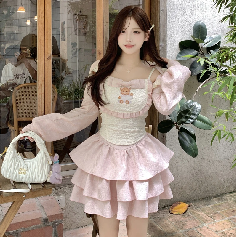 3965 大码女装秋季甜美纯欲少女吊带坎肩粉色蛋糕裙三件套