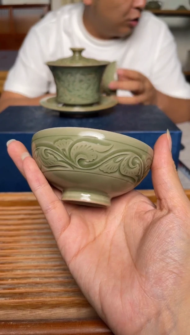 其他耀州窑纯手工内外双刻普洱杯