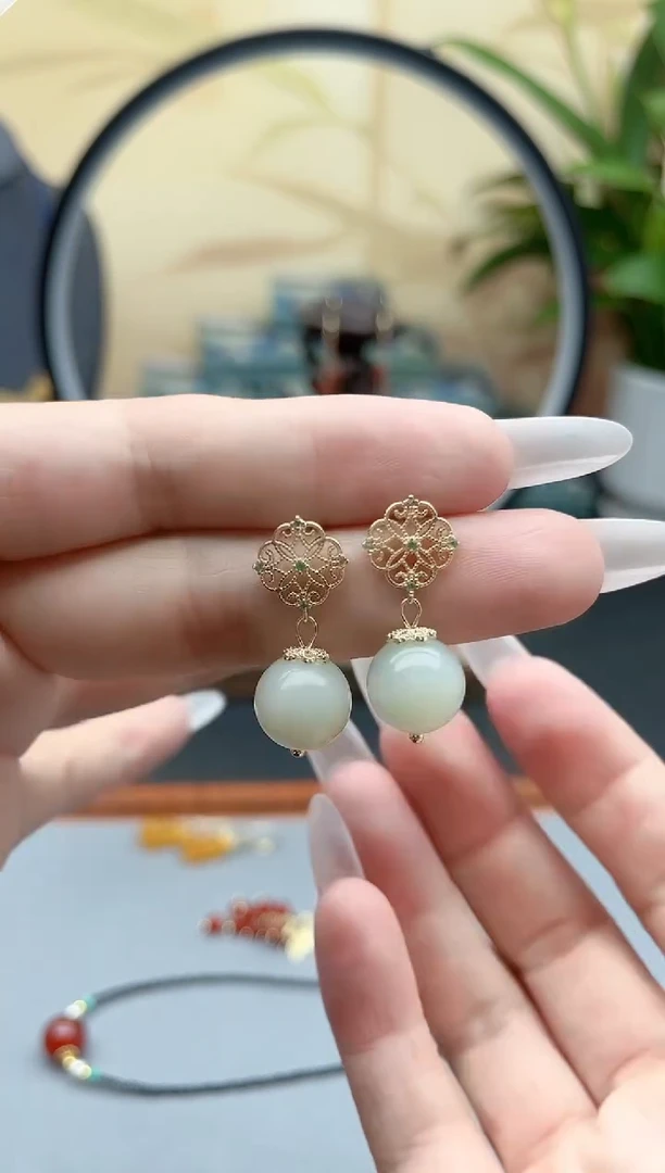 和田玉银S925镶嵌耳饰676和田玉耳钉