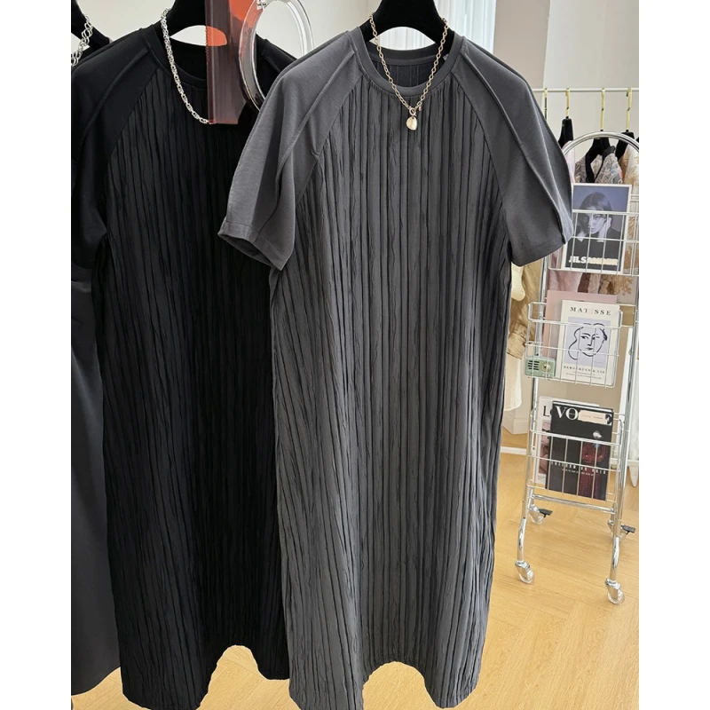 0332设计感独特别致高端褶皱拼接短袖连衣裙女2025夏季过膝长裙子