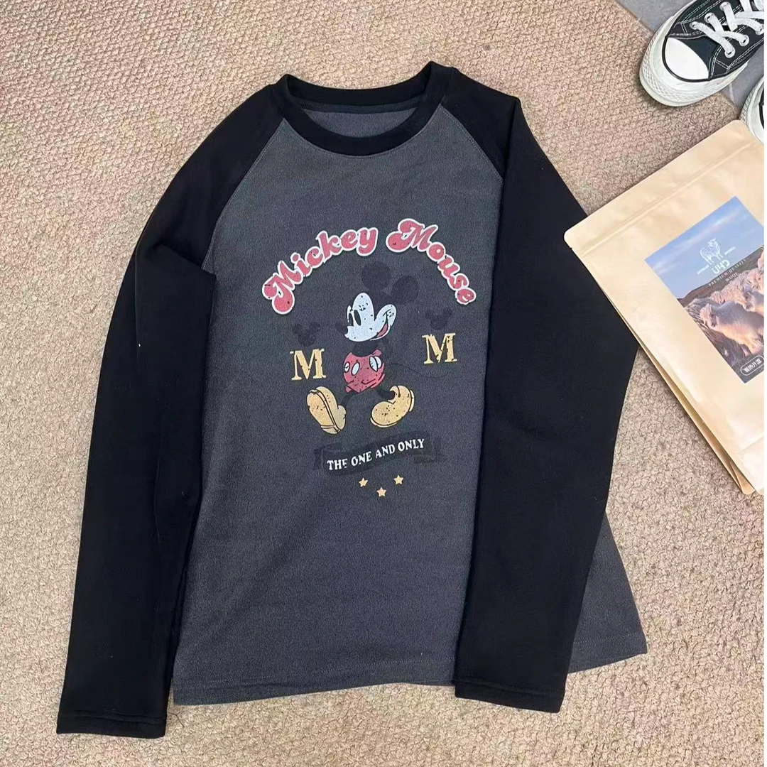 【压轴米奇】减龄卡通米奇图案磨毛长袖T恤女秋冬宽松内搭打底衫