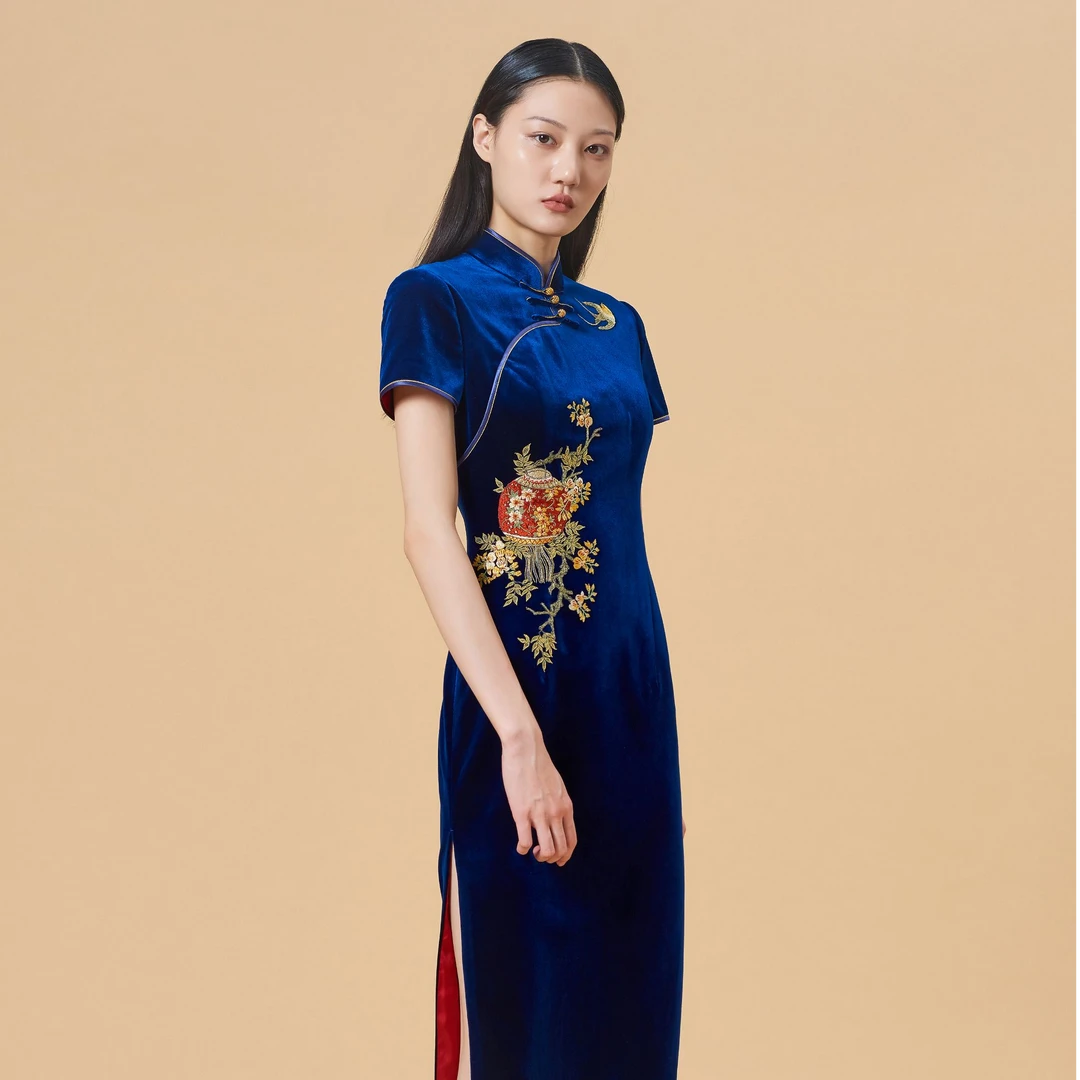 蔓楼兰雅懿旗袍丝绒刺绣长旗袍