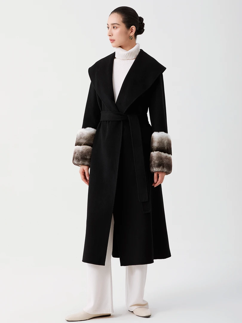 设计师时尚轻奢羊绒羊毛青紫蓝毛呢双面大衣中长款外套-83283