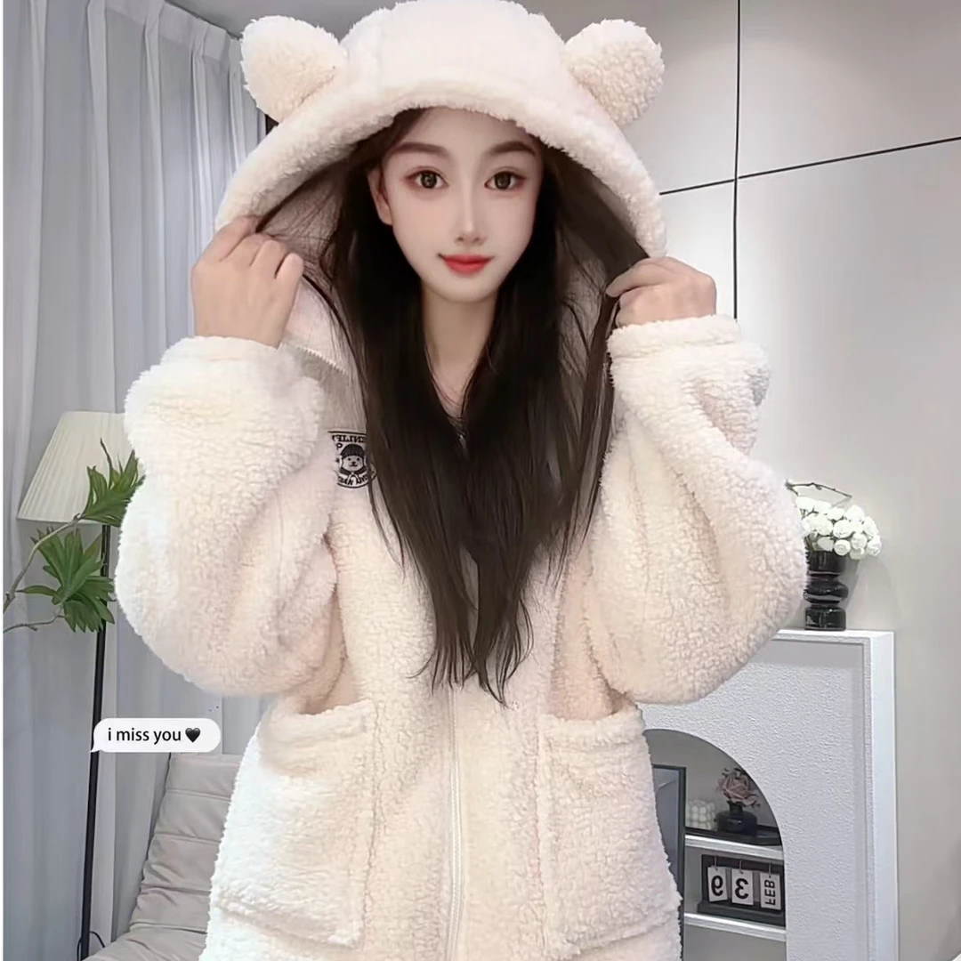 【加厚北羔绒】秋冬款加绒加厚北羔绒睡衣连帽拉链套装家居服可外出