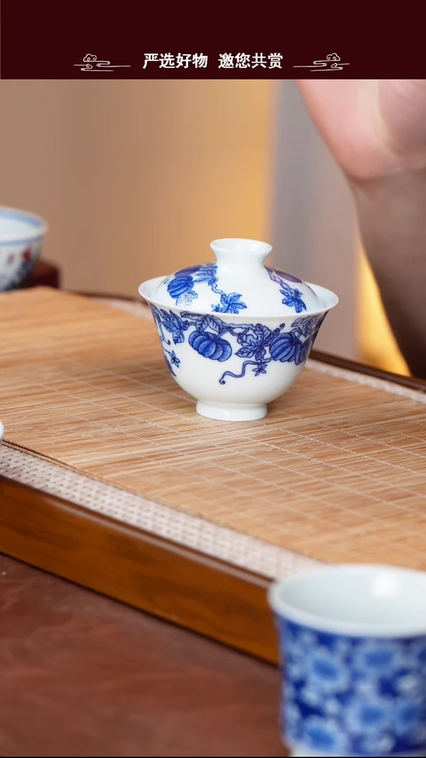 手工手绘青花盖碗