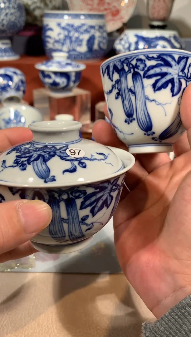 【闪购商品】杯子青花丝瓜的盖碗加壶承