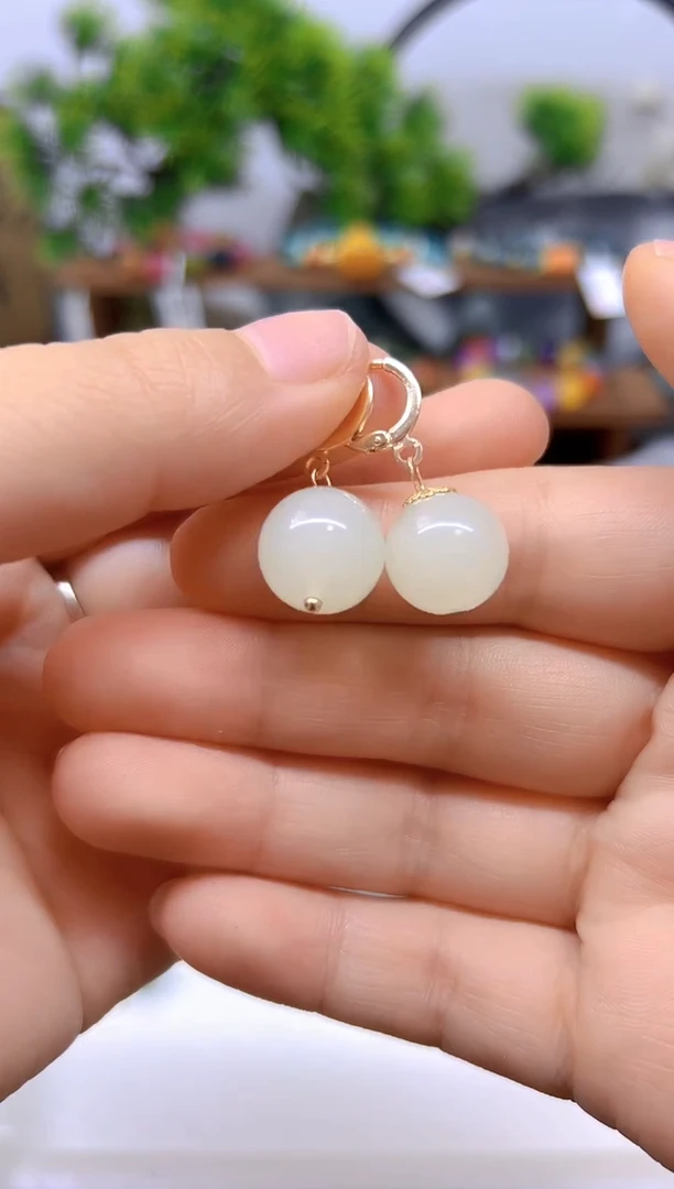 和田玉（白玉）14K金镶嵌耳饰E611