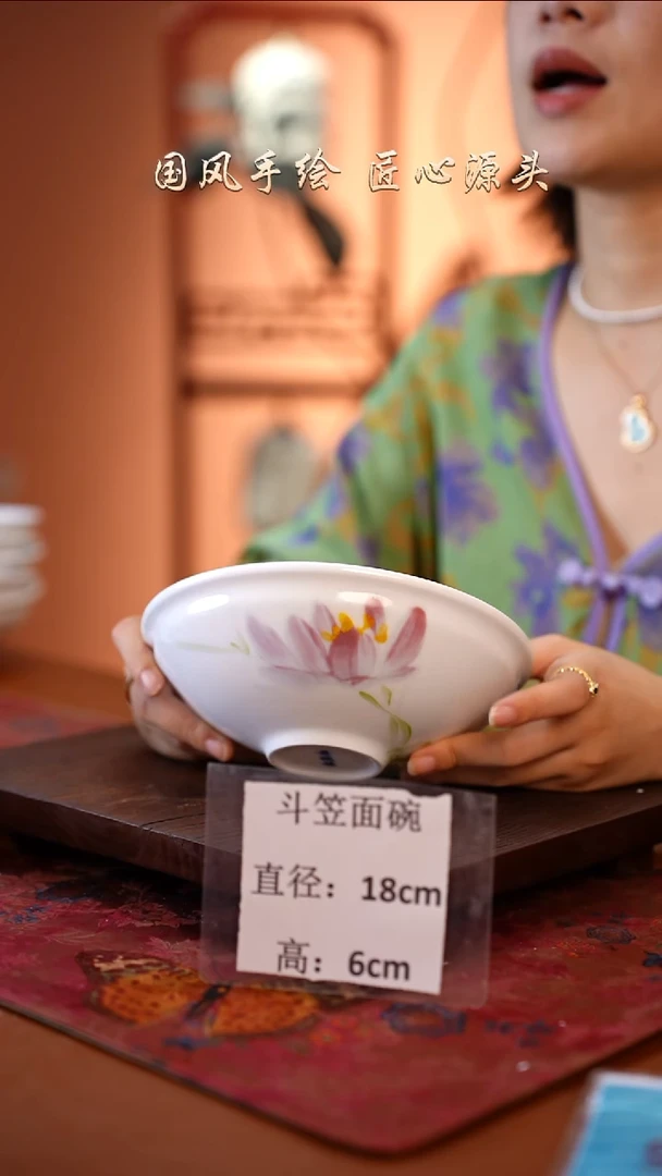 陶瓷景德镇高温釉中彩斗笠面碗直径18高6