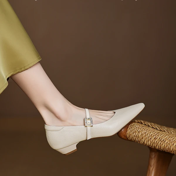 范斯玛手工高端羊皮一字带玛丽珍鞋女低跟春款尖头单鞋法式小皮鞋