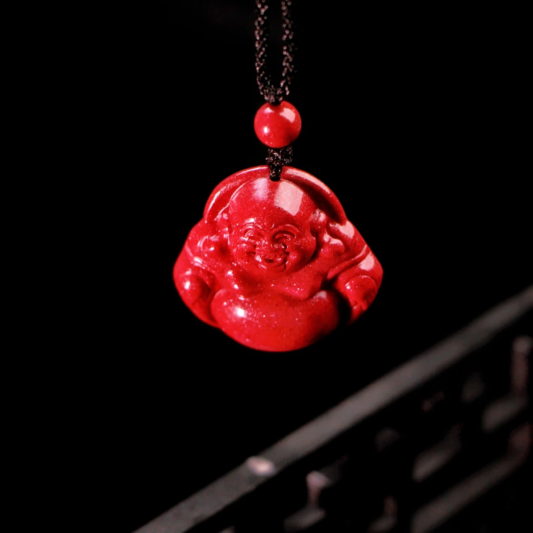 含辰砂工艺品朱砂晶粉砂笑脸佛吊坠