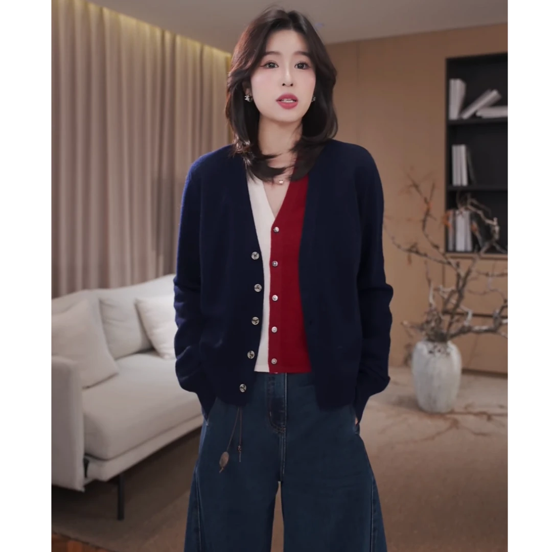 广州琴姐【巴黎橱窗】100羊毛休闲假两件V领毛衣针织开衫女秋款 319