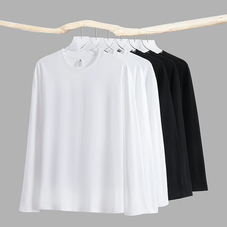 100%纯棉长袖T恤男女春秋季圆领宽松白色上衣全棉秋衣大码打底衫