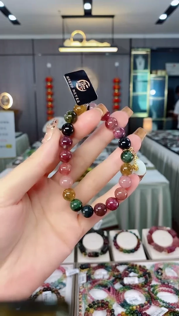 老矿碧玺油料色标彩虹单圈手串9mm+未镶嵌碧玺dan多样性发货一条