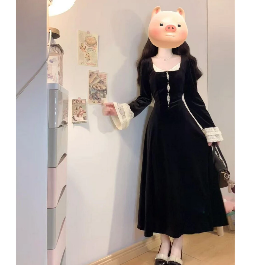 大码时尚法式高级感气质拼接小黑裙秋胖MM梨型身材遮肉显瘦连衣裙