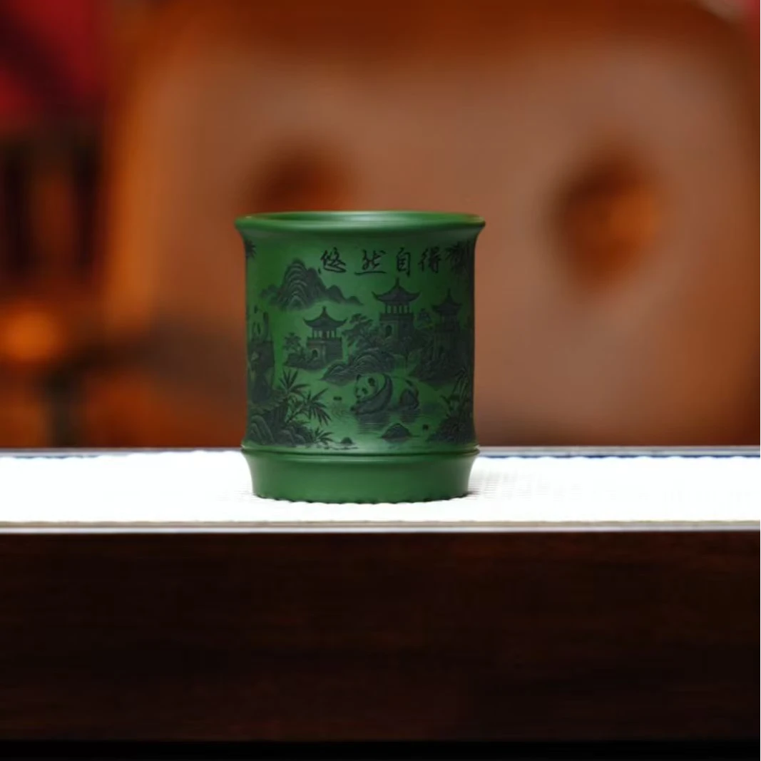 宜兴紫砂 主人杯 熊猫竹节 绿泥 任家娟 h214