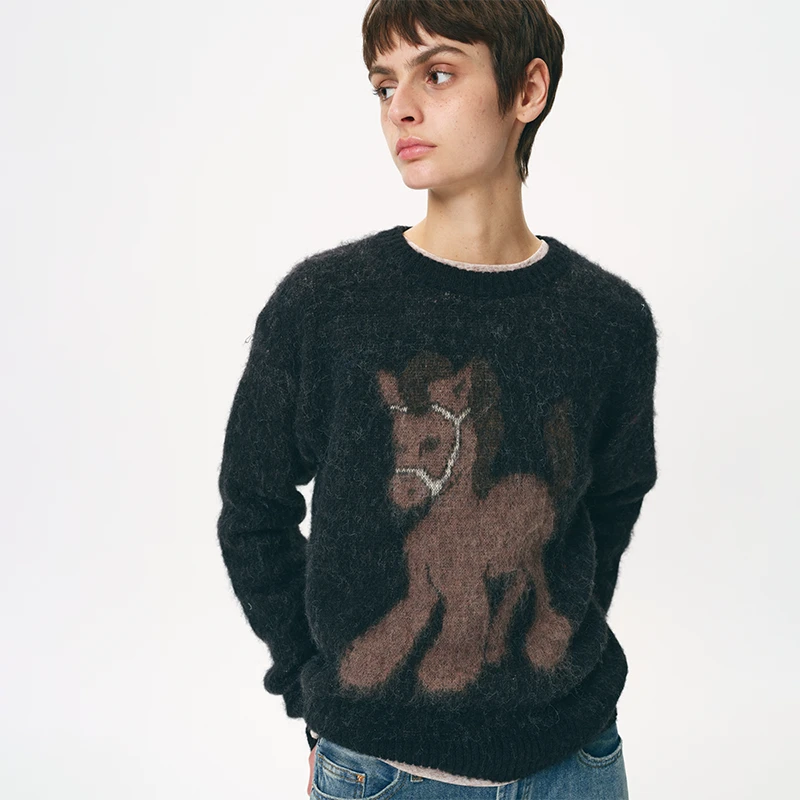 Ahhh pony马圆领短款毛衣女秋冬新款保暖内搭马海毛套头针织衫