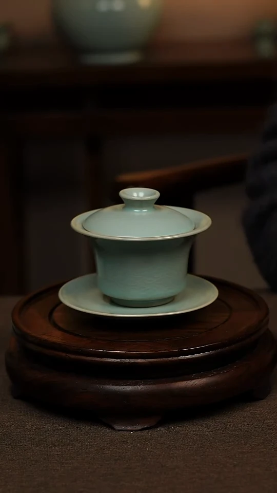 瓷片仿古天青全手工三才马蹄盖碗100ml 一级礼盒包装