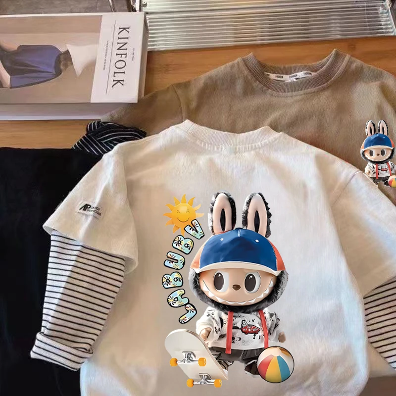 纯棉儿童t恤长袖假两件春秋新款中小男童百搭外穿上衣打底t