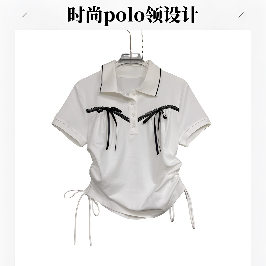 深圳MMOUHUO早春翻领蝴蝶结系带收腰短袖T恤