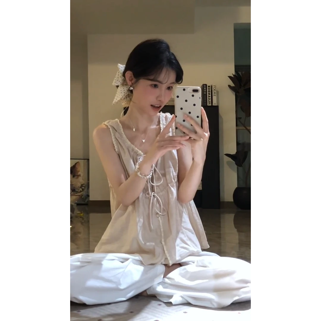 MARIE.COCO一整套法式松弛感设计感绑带背心上衣高腰休闲裤两件套