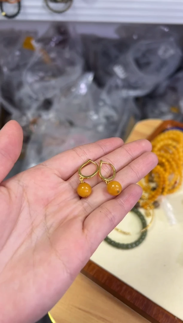 【闪购商品】蜜蜡耳饰银S925镶嵌蜜蜡圆珠银镶嵌耳扣[429]