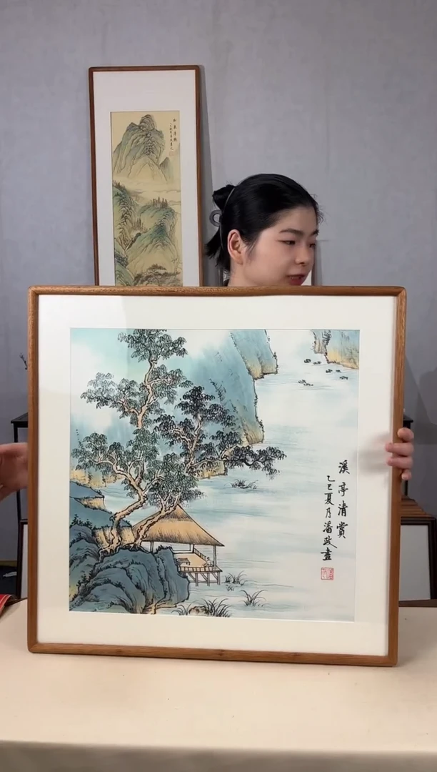 国画手绘*溪亭清赏*62*62cm实木框
