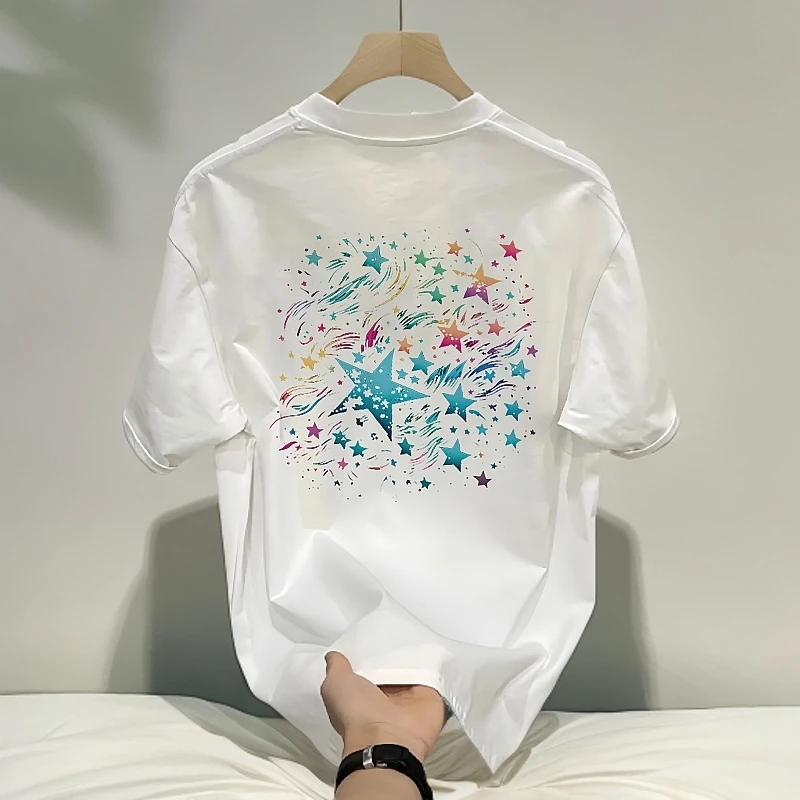 追属潮牌夏季彩色繁星印花短袖t恤男女情侣款宽松百搭美式上衣服