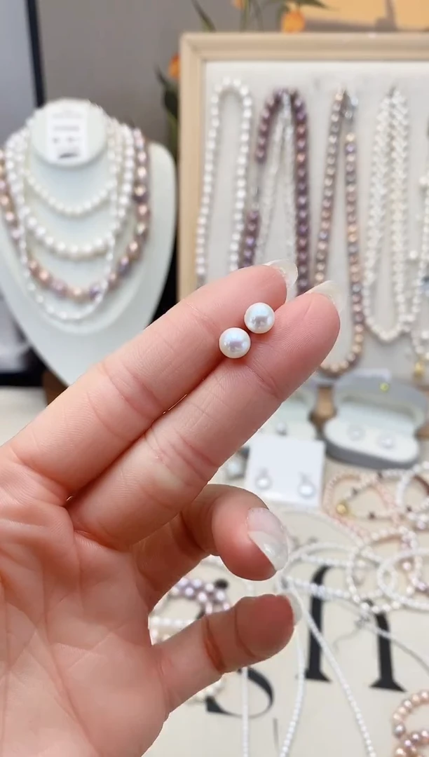 【闪购商品】淡水珍珠项链银S925镶嵌正圆极光无瑕耳钉 6-6.5MM