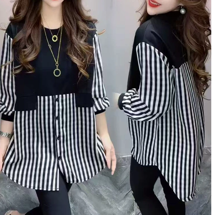 1007-早秋大码假两件双拼大码宽松衫