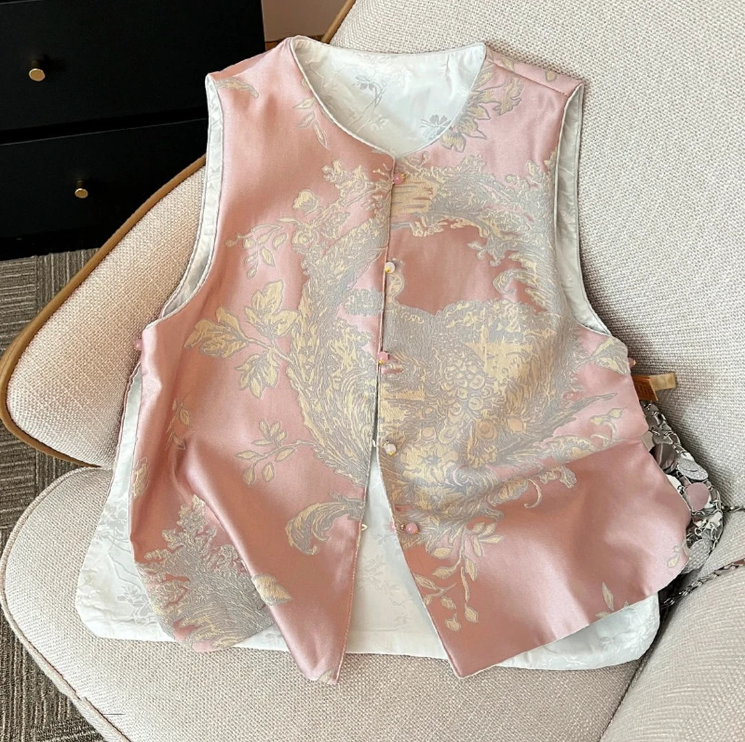 【双面凤凰】新中式春季国风织锦缎织绣文艺提花新款气质圆领马甲