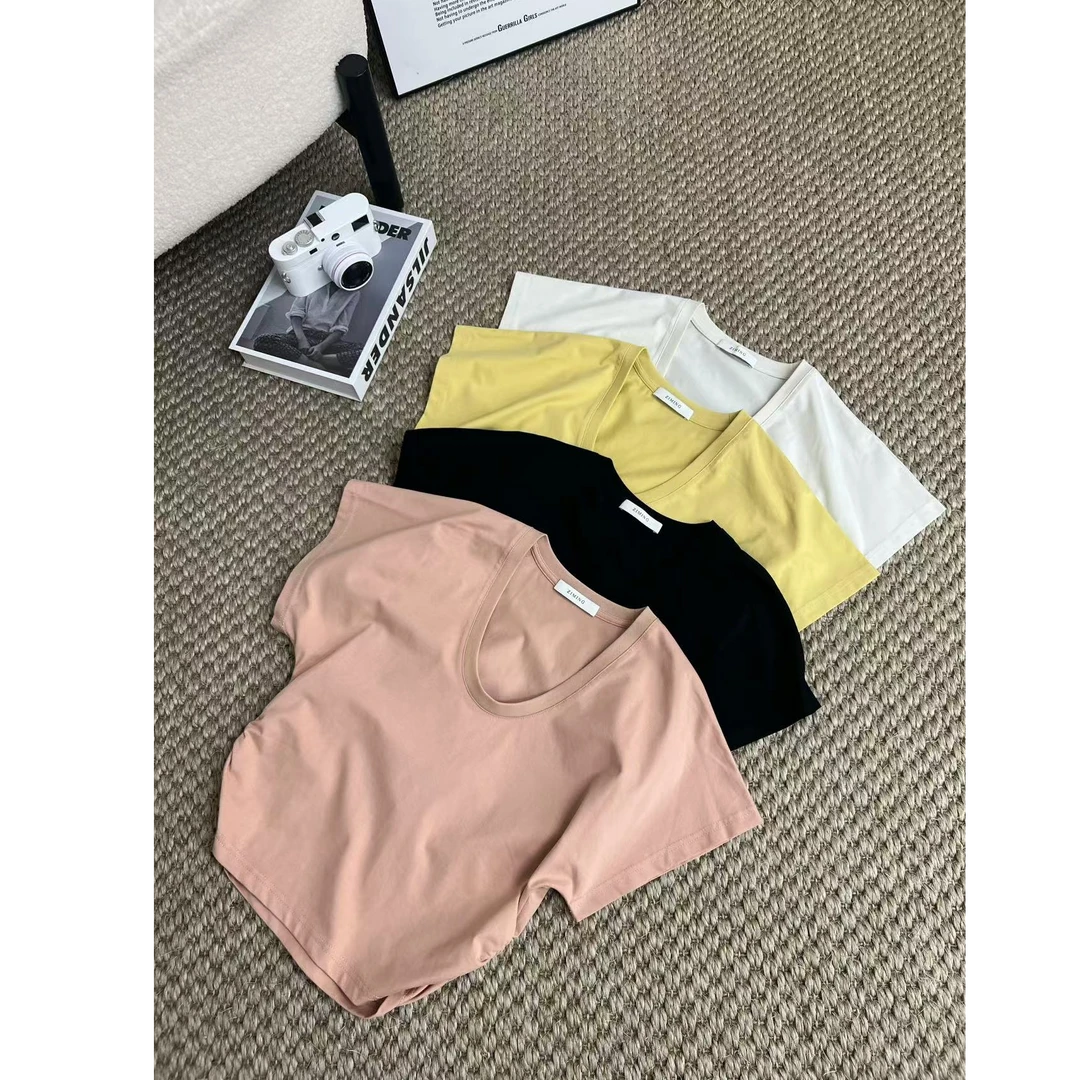 【梓铭】2633~【瘦瘦Tee】匹马棉简约U领短 设计感收腰短袖女夏  秒发