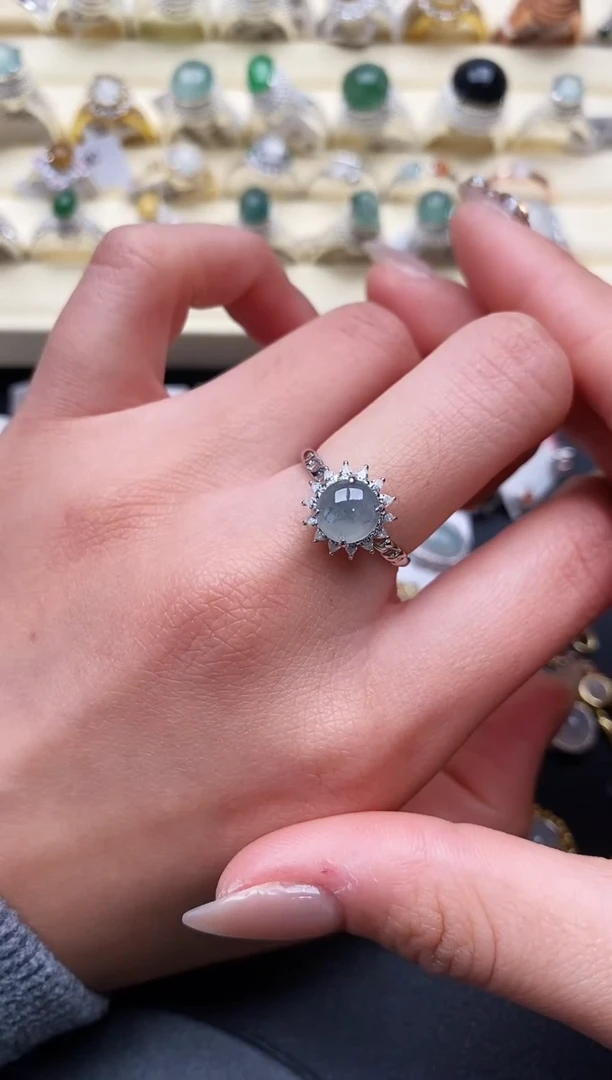 【闪购商品】翡翠戒指银S925镶嵌缅甸翡翠 1 4+3