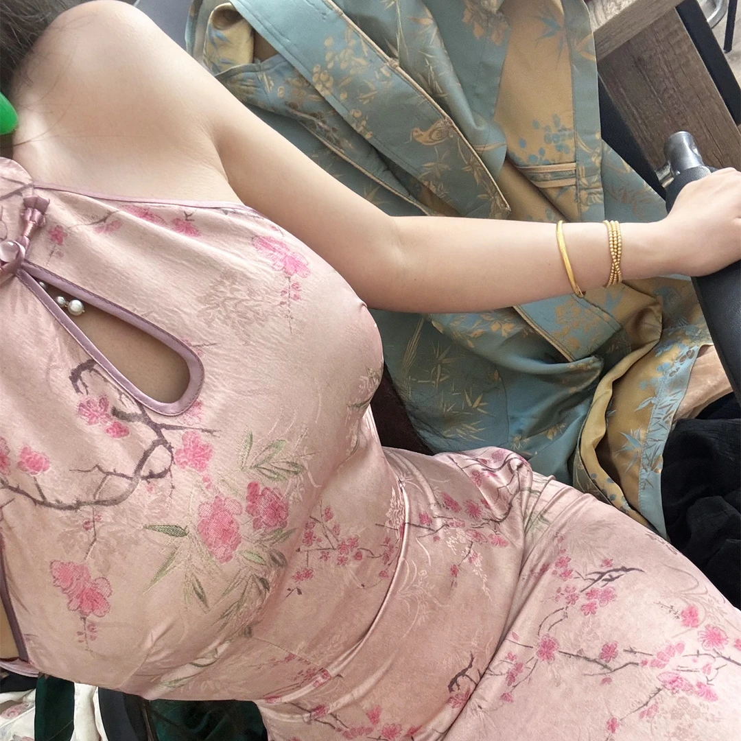 LHMknk1画报夫人原创自制新中式国风挖肩水滴旗袍连衣裙 忘春风